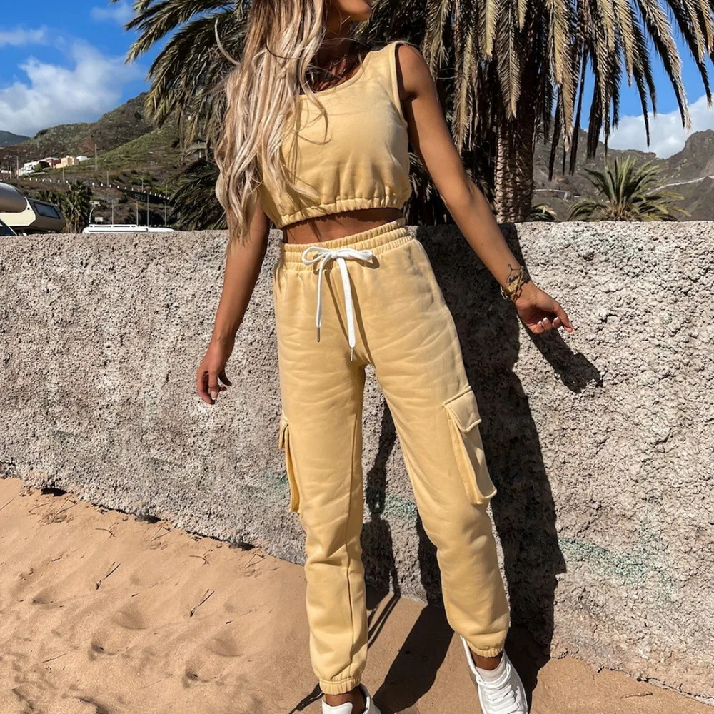 

Women Casual Solid Tracksuit 2 Pieces Set Slim Crop Top And Drawstring Long Matching Set 2021 Summer Sportwear Stretch Outwear