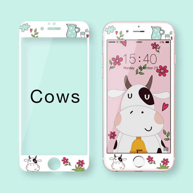 Cows Милый мультфильм закаленное стекло для iPhone 7 8 Защитная пленка для экрана для iPhone 7 8 Plus Защитная пленка для экрана 3D мягкая твердость края - Цвет: Cows