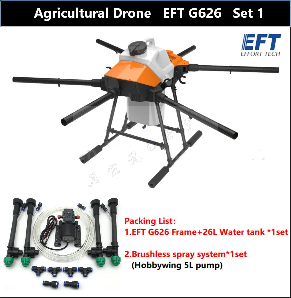 

2021 EFT New G626 26L 25KG Agricultural Spray Drone Frame Six Wheelbase 5L 8L Water Pump Hobb Ywing X9 PLUS Power System