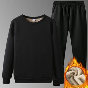 Мужской флисовый костюм с круглым вырезом, черный повседневный спортивный костюм с флисовой толстовкой и черными штанами, пуловер для мужчин на осень