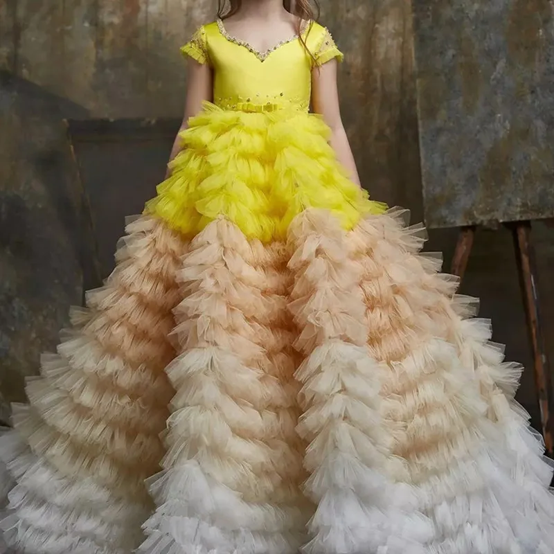 

Роскошные платья с кристаллами и бусинами для девочек, свадебное Многоярусное Тюлевое платье с V-образным вырезом для первого причастия, де...