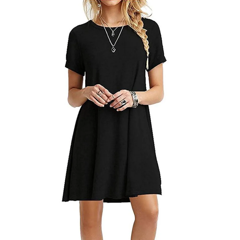 2018 Amazon Europe and the United States short sleeve large solid color dress wish explosions ebay women's new best selling | Женская