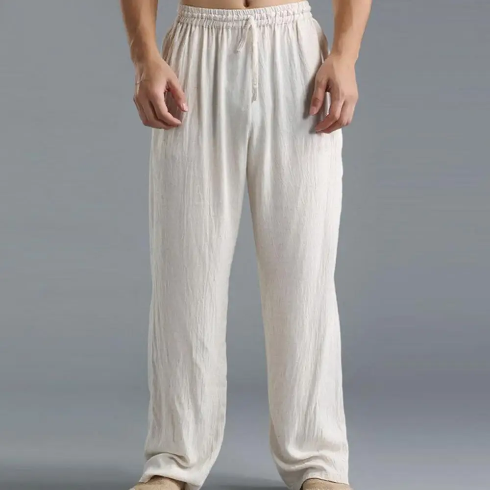 

men pants trousers fashion Plus Size Men Cotton Linen Long Pants Elastic Waist Loose Straight Trousers