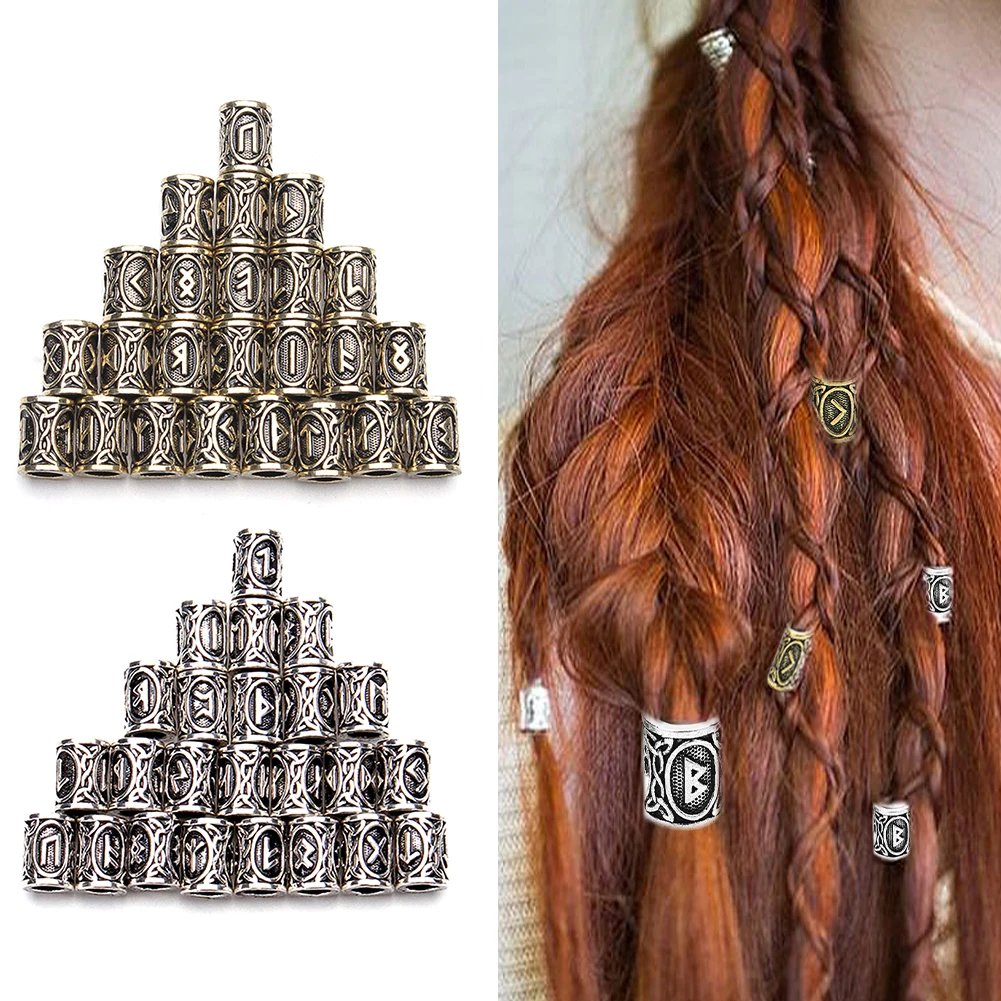 

24pcs Mix Silver Hair Braid Beard Dreadlock Beads rings tube Viking Rune Pattern Design for DIY Hair Styling Accessories