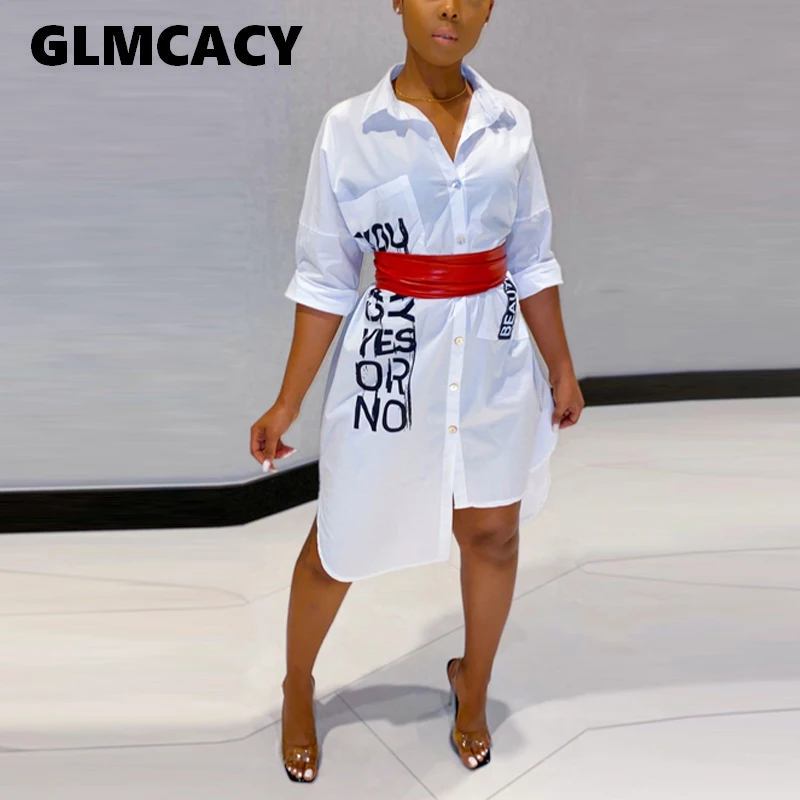 Женское платье рубашка с буквенным принтом и длинным рукавом сексуальное миди