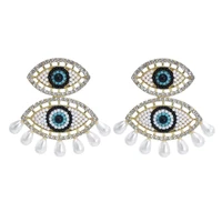 2 layer turkish demon evil eyes pearl tassel dangle stud earrings for women bead crystal rhinestones ethnic pendant earr jewelry