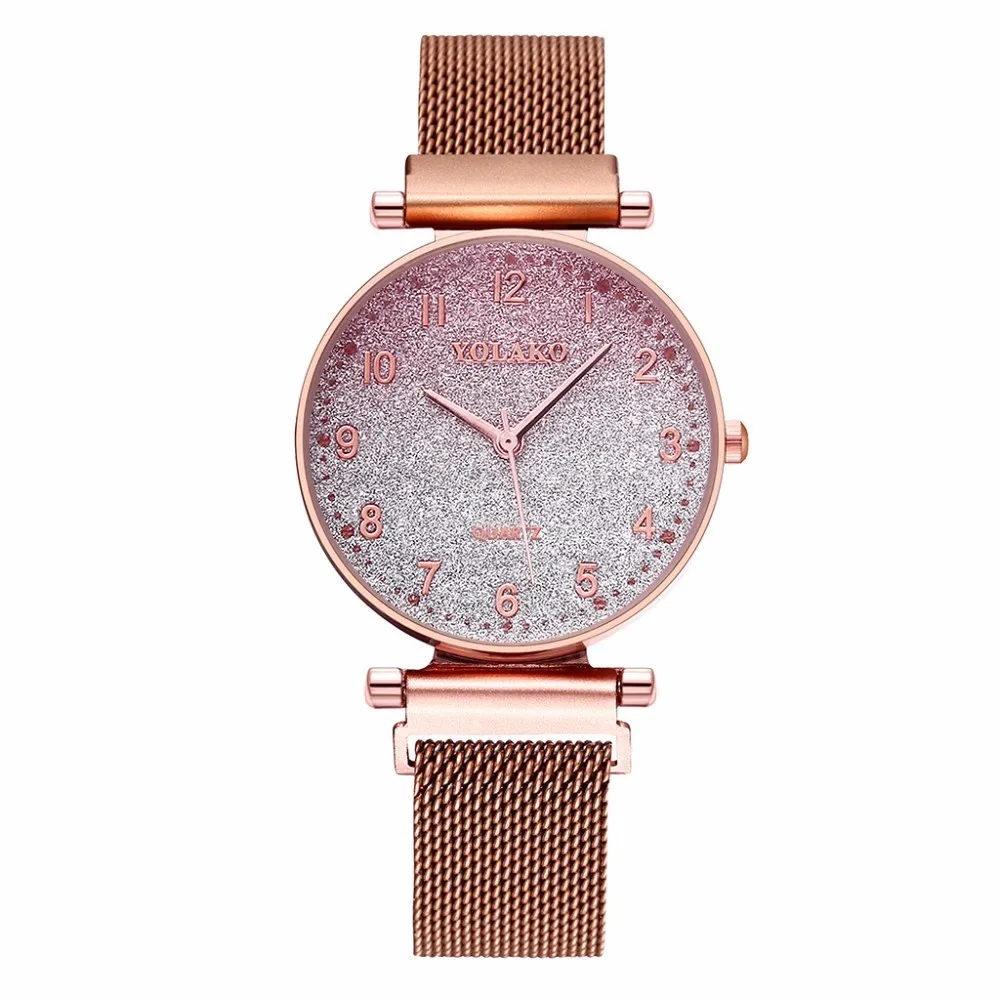 rose gold Лидер продаж, женские часы с магнитной пряжкой, градиентный цвет, звездное небо, роскошные женские кварцевые YOLAKO часы из нержавеющей стали - Цвет: rose gold