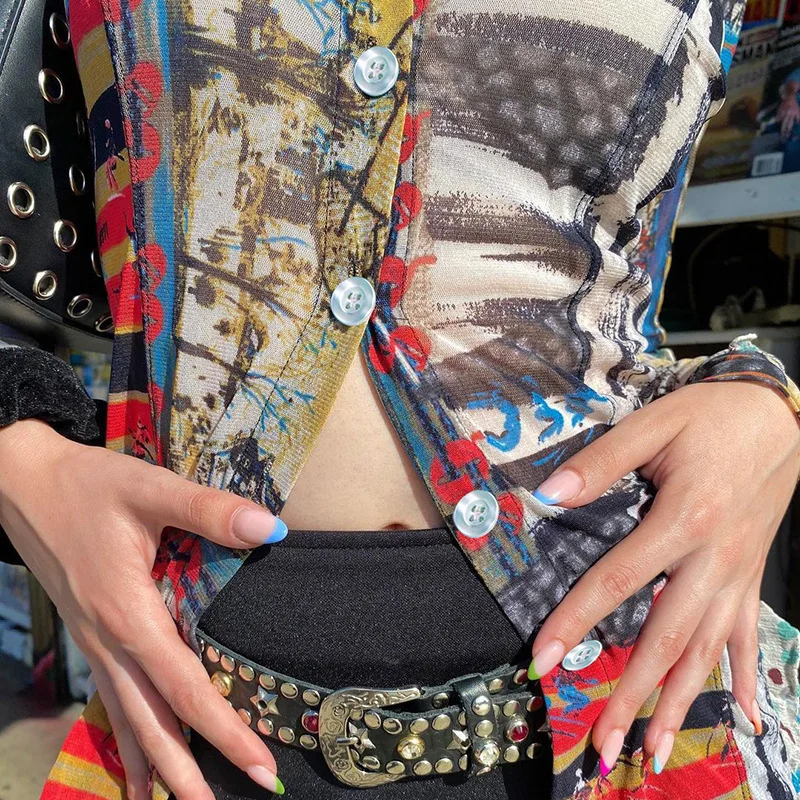 

Рубашка с принтом, сетчатый топ, футболки с графическим принтом, кардиган с цветным принтом в стиле Харадзюку, Y2k, в эстетике гранж, Готическа...