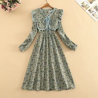 lantern sleeve vintage floral printed long pleated dress womens suit two piece set ruffle lace up shawl female clothes new