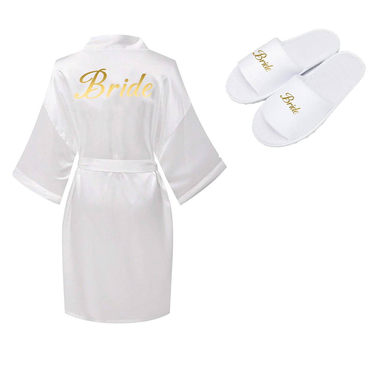 2pcs set Zaxachilable/Новинка года; один комплект; атласный шелковый халат свадебные платья; тапочки для невесты; белые свадебные платья с золотым принтом; 001; женская одежда - Цвет: 2pcs set
