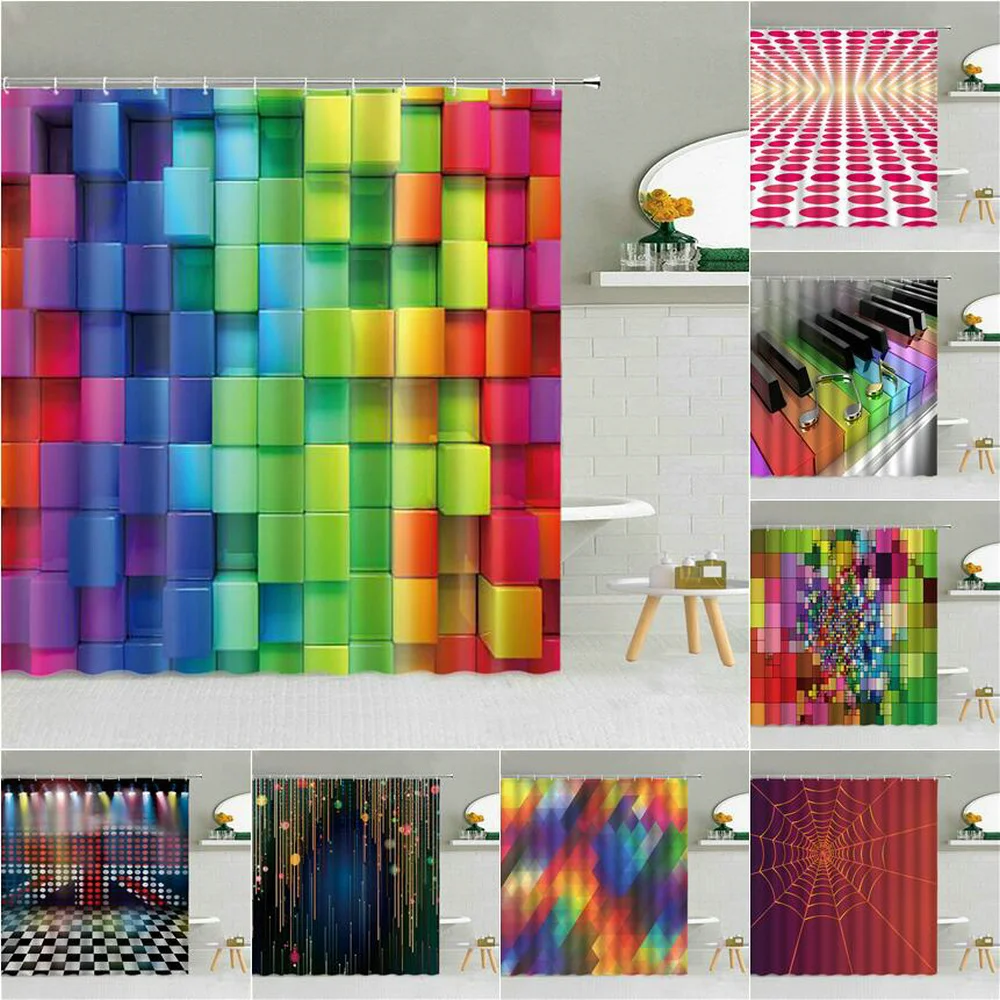 

Rainbow Color 3D Geometric Pattern Shower Curtain Holiday Party Carnival Decoration Bathroom Waterproof Cloth Hooks Curtains
