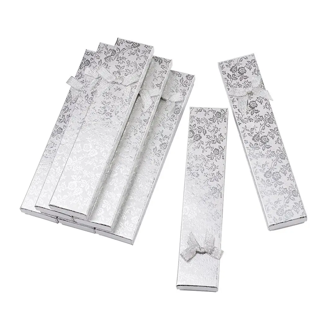 

12pcs Silver Cardboard Necklace Boxes Rectangle Bowknot for Bangles or Bracelets with Sponge Inside 215x43x24mm