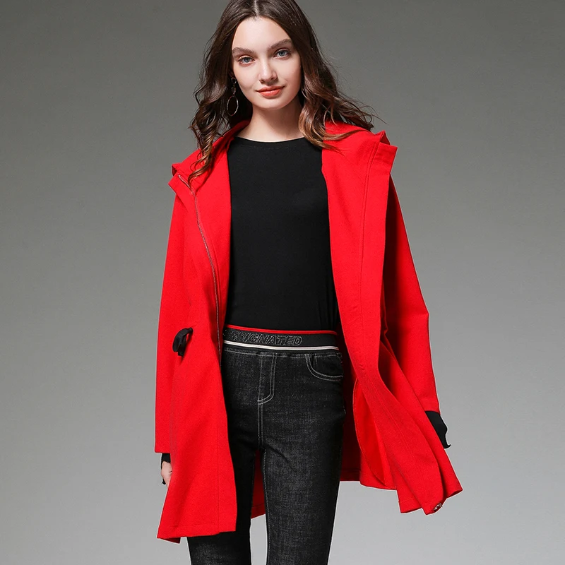 Plus size women clothing Autumn elegant thin trench coat female ruffled loose hooded windbreaker outwear casual outfit flare top | Женская