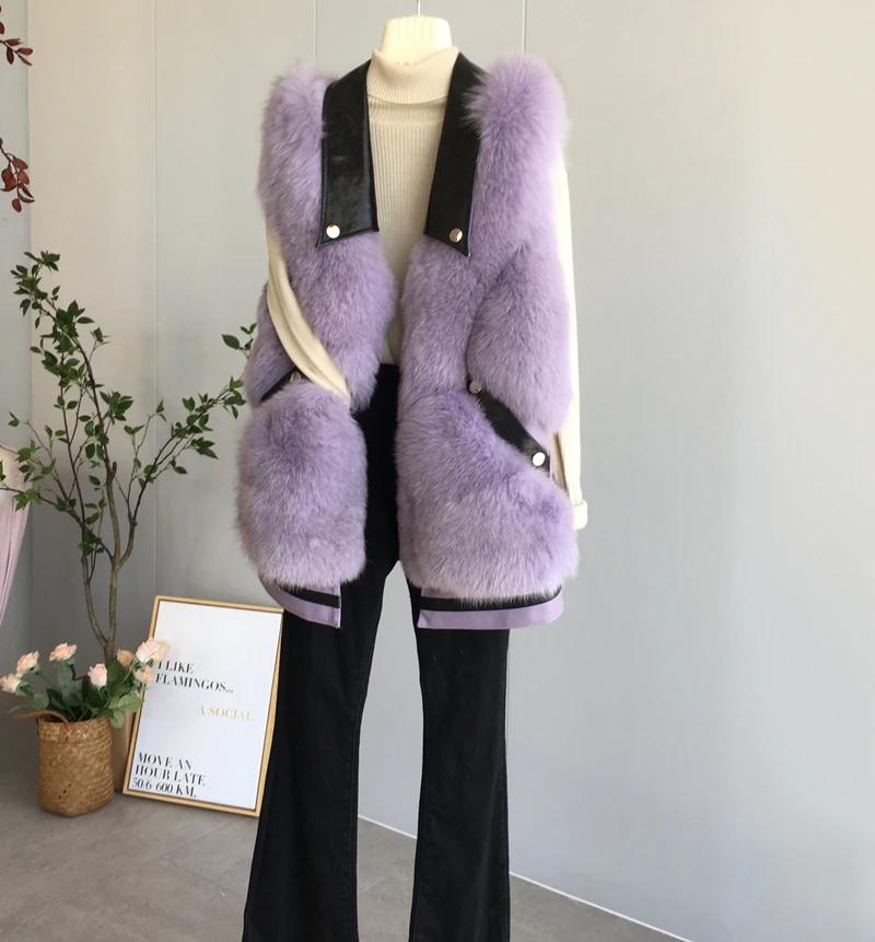 FURSARCAR 2021 New Real Natrual Fox Fur Vest Genuine Motorcycle Leather Fur Women Winter Waistcoat Sheep Skin Fox Fur Gilet