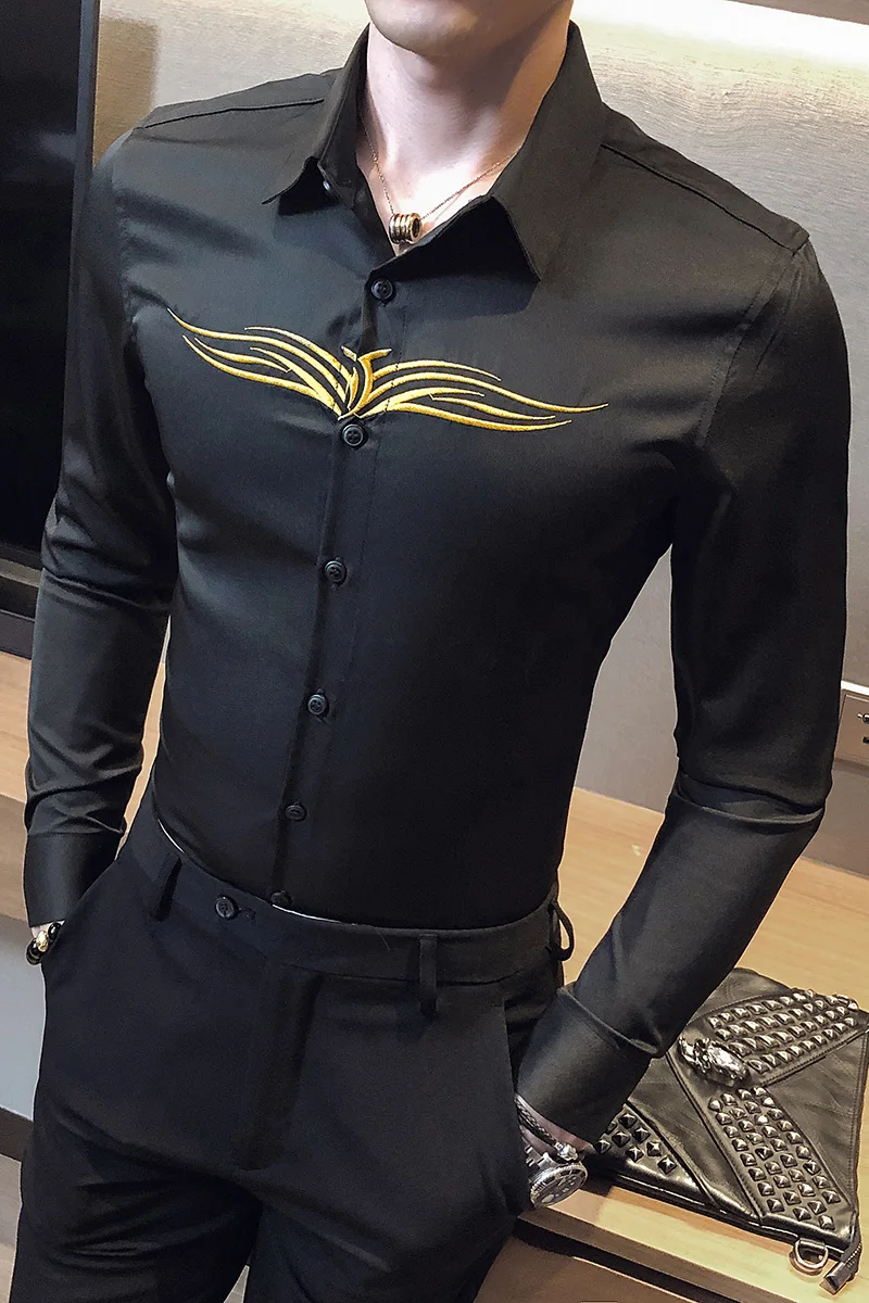 

British Style Simple Long Sleeve Embroidery Shirts for Men Clothing 2021 All Match Slim Fit Casual Prom Tuxedo Dress Black/White