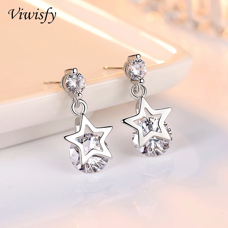 

Viwisfy Luxury Crystal Star Earring Studs Girl Gift Wedding Jewelry Real 925 Sterling Silver Earrings For Women sVW21022