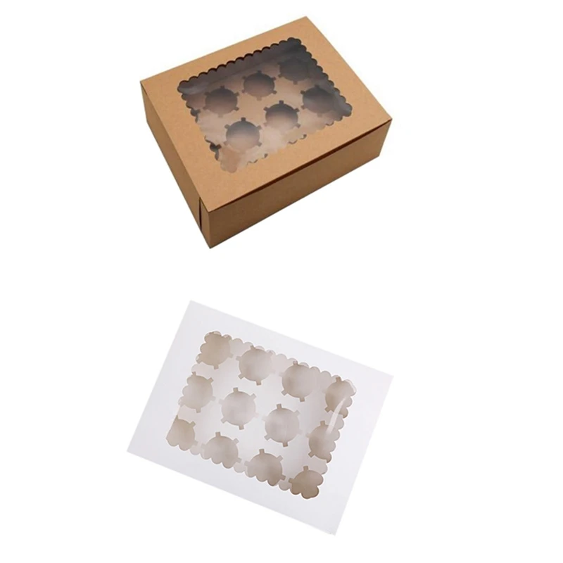 

10Pcs Cupcake Box with Window Kraft Paper Boxes Dessert Mousse Box 12 Cup Cake Holders