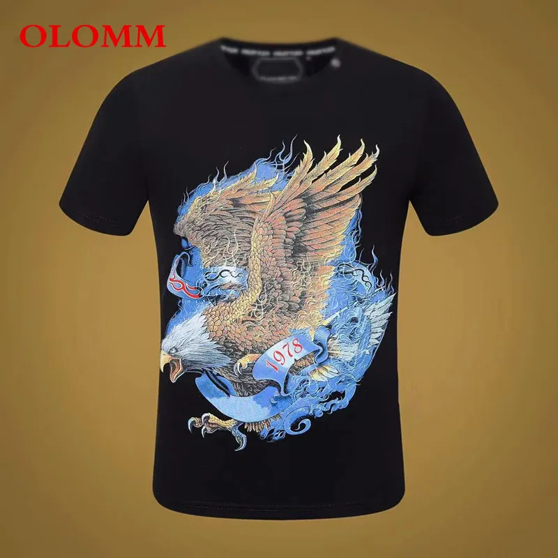 

100% Cotton T-shirt Men Short Sleeve Tops 3D Diamond-studded Lion T-shirt Men O-neck Street Gothic Tee Skeleton Shirt Top 2021