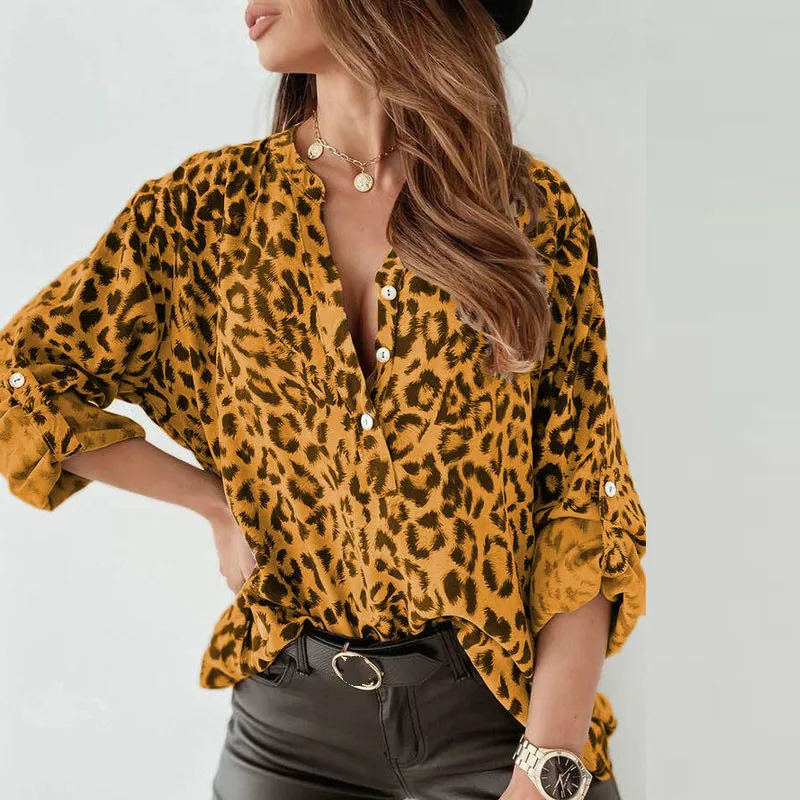

Casual Adjust Button Long Sleeve Female Blouse New Spring Sexy V Neck Leopard Shirt Blusa 2021 Elegant Women Loose Pullover Tops