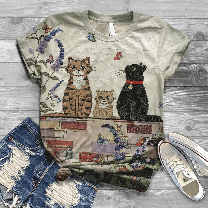 

2021 European And American Women's Tops Fashion Popular Outdoor Cute Animal Head Casual Printing T-shirt Women