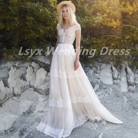 bohemia v neck beach wedding dress 2021 organza sashes design lace backless court train charming for women robe de romantic