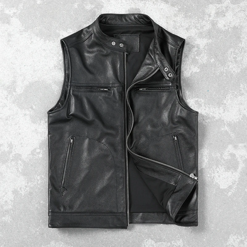

GU.SEEMIO Factory 100% Cowhide Men's Genuine Leather Jacket Leather Vest Waistcoat Motorcycle Clothing Zipper No Sleeves