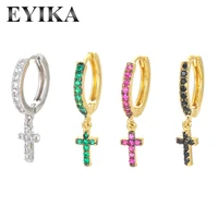 eyika gold silver black plated mini cross hoop earrings multicolor crystal zircon charm dangle earring fashion jewelry for women