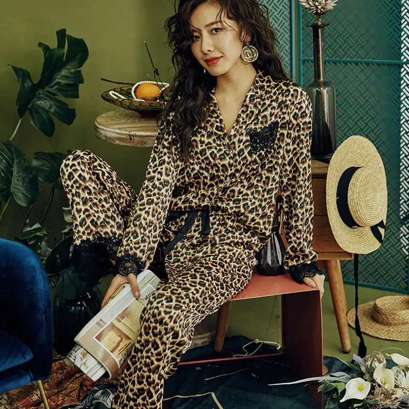 Новейшая Сексуальная кружевная леопардовая Пижама для женщин Весна 2020 атласная