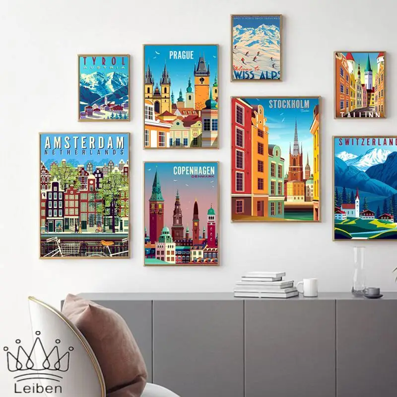 

Nordic Travel Cities Landscape Vintage Poster Amsterdam Denmark Tyrol Prague Canvas Painting Wall Art Picture Decor Living Room