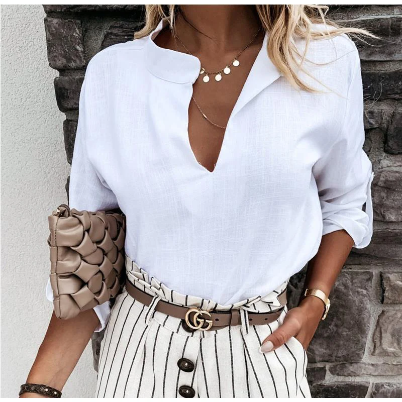 

Elegant Solid Color Adjustable Sleeve Blouse Shirts Women 202 Autumn Pullovers Tops Office Lady New V-Neck Cotton Linen