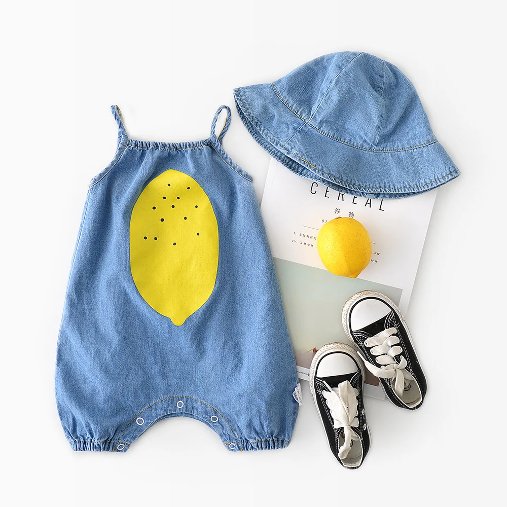 

2020 Summer Newborn Baby Soft Denim Rompers with Hat 2pcs Cartoon Lemon Unisex Baby Girls Boys Overalls Infants Clothes