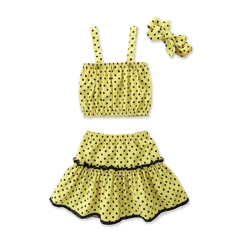 

Girl\u2019s Summer Three Piece casual Set Fresh Polka Dot Suspender sweet Tops and A-line Short Skirt with cute Headband