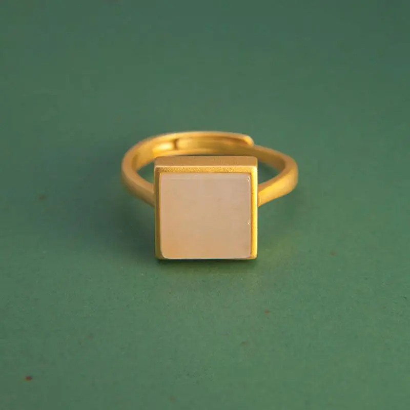 

Hetian White Jade Square Ring Women's Natural S925 Sterling Silver Suet Retro with Opening Chinese Style Traditional Ring
