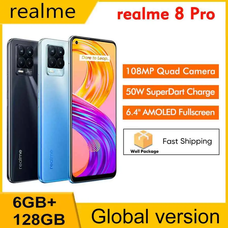 

Original realme 8 Pro 6GB 128GB NFC RMX3081 6.4'' 4500mAh Battery 108MP Quad Camera Octa Core Snapdragon 720G 50W Super Charge