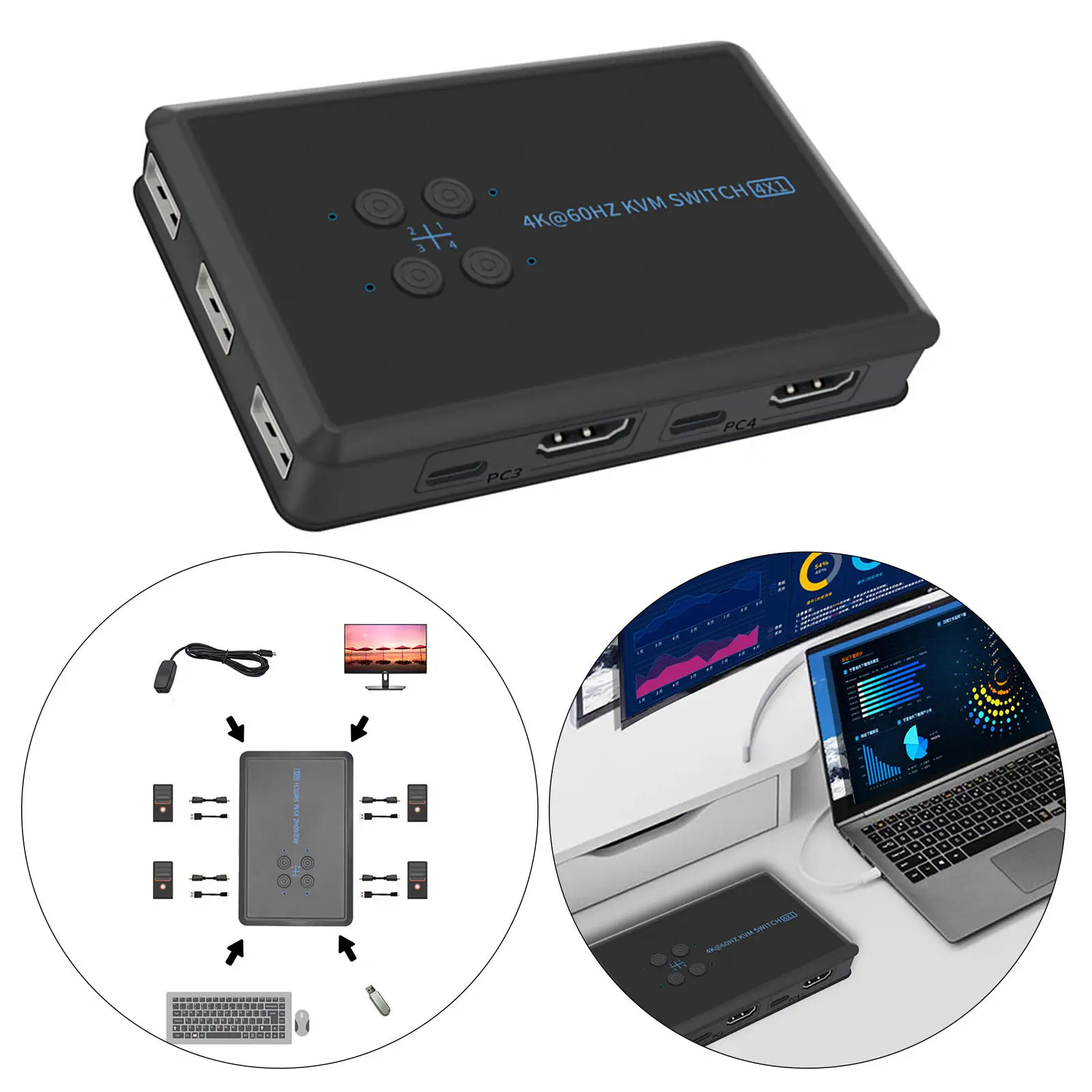 KVM Switch 4 Port Box UHD 4K@60Hz &amp 3D 1080P Supported Downward | Switches