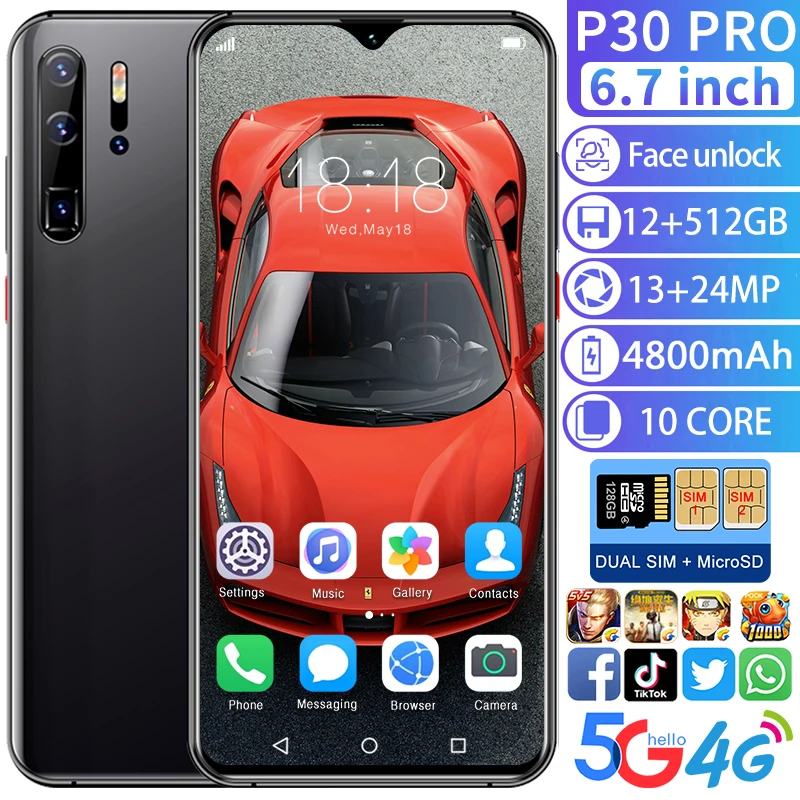 Global P30 Pro 6.7 inch smart game mobile phone 12 + 512G large memory facial recognition unlock double SIM double backup phone