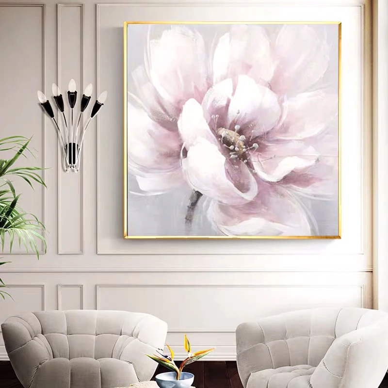 

Modern Artist Painted Abstract Pink Big Flowers Oil Painting On Canvas Wall Art Frameless Picture Decor For Live Room Home Gift