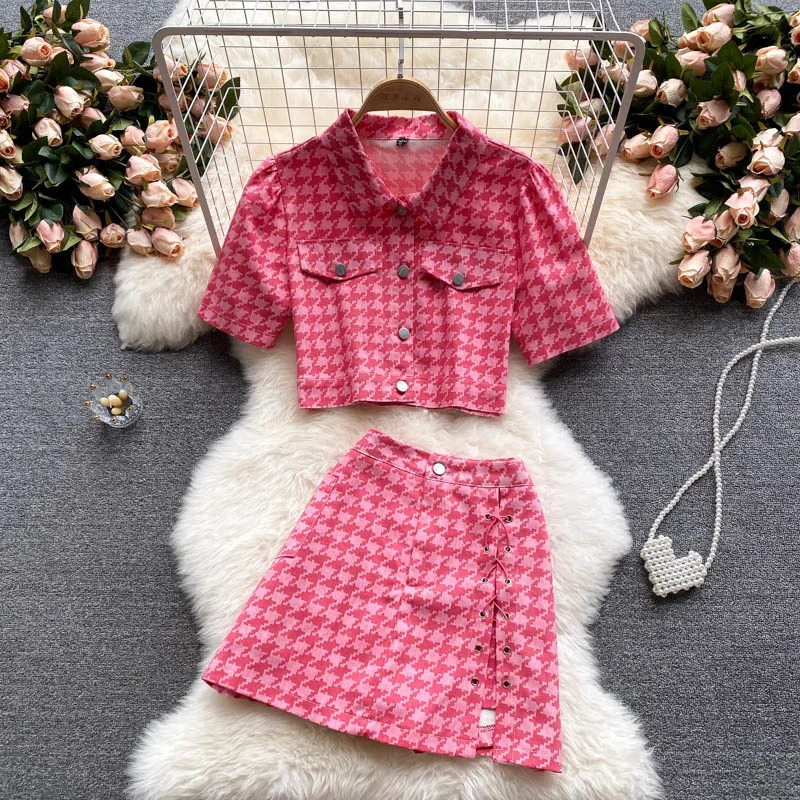 

New Summer Fashion Houndstooth Denim Two Piece Set Women Short Jeans Jacket Crop Top + Mini Skirts Sets Streetwear 2 Piece Sets