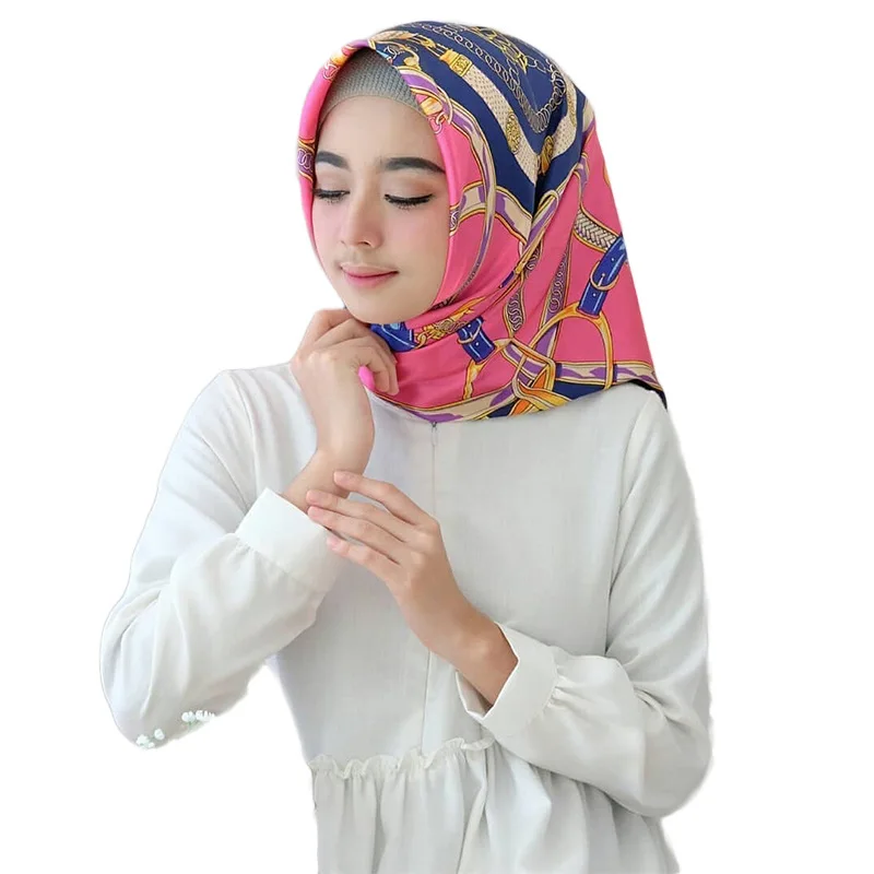 Мусульманский Печатный шарф хиджаб квадратный Атлас 90x90 см шифоновые шарфы