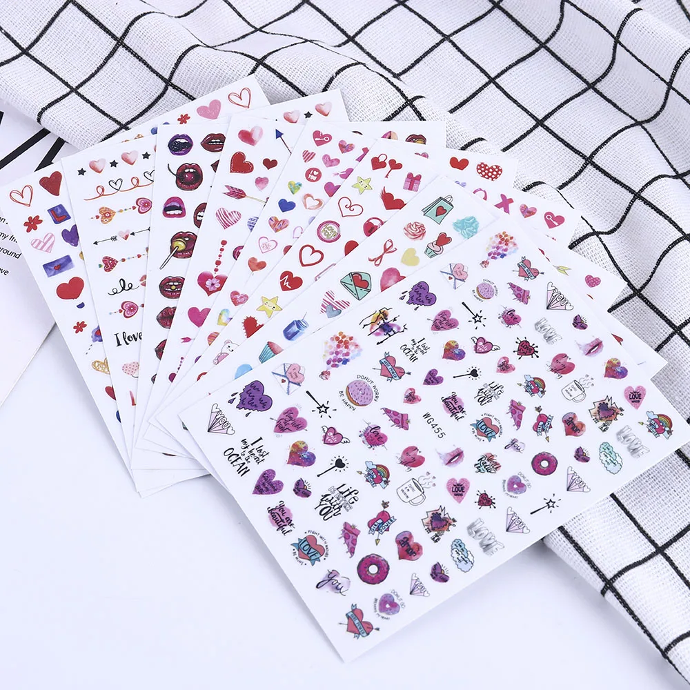 

Valentine's Day Love Heart Red lip Colorful Nail Art Decoration 3D Stickers Nail Design Water Transfer Decals Manicure 1Pcs