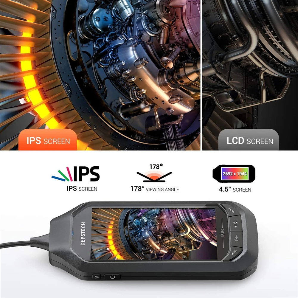 Дешево Автомобильный эндоскоп DEPSTECH 1944P, 5 МП, эндоскопическая камера, промышленный эндоскоп для автомобильной трубы, камера с зондом 32 ГБ/4,5 дюйма IPS/...