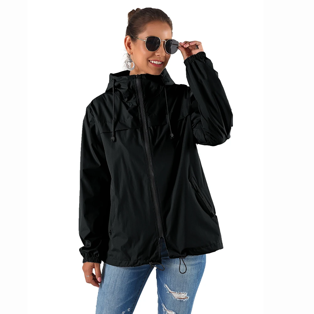 

Women's solid warm and quick-drying jacket outdoor waterproof hooded raincoat pocket hiking women's windproof raincoat