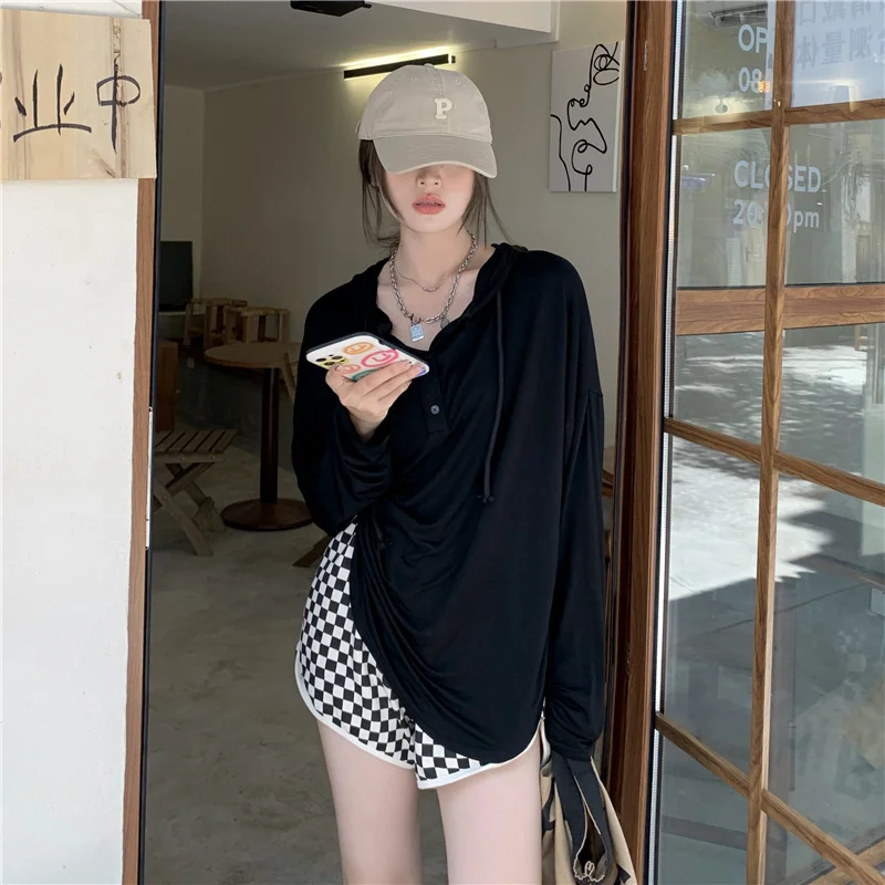 Футболка женская с капюшоном тонкая свободная Солнцезащитная рубашка длинным