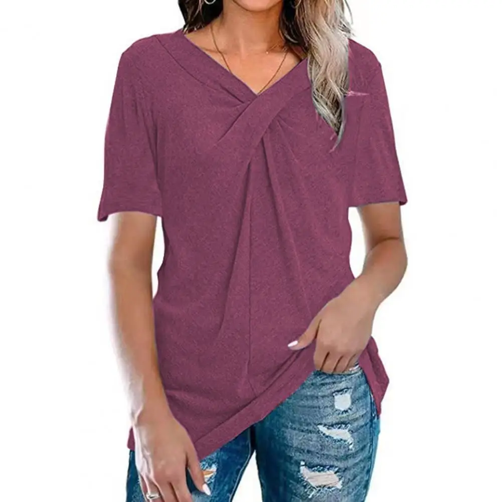 

Summer Women Tops Cross Knot Breathable Polyester Short Sleeve T-shirt Solid Color Daily Wear Fashion Casual Loose Tees Shirt