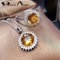 black angel new single gemstone jewelry sets yellow crystal pendant necklace for women pave zircon wedding resizable rings