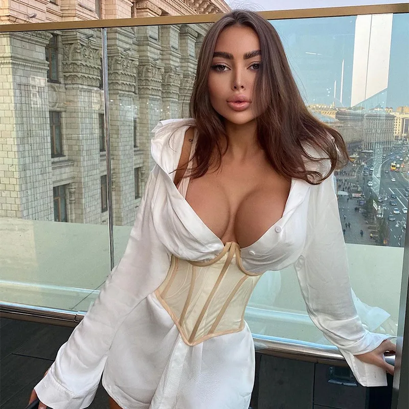 Women's Irregular Perspective Fishbone Corset Top Sleeveless Vest Crop Tops Lace-up High Waist Off-shoulder Camis Cummerbunds