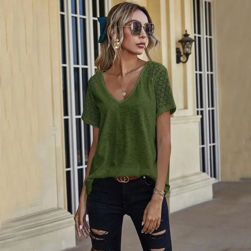 

Nice Summer Lace T Shirt Women Loose White T-shirt Women V-neck Tee Shirt Casual Short Sleeve Tshirts Female Black