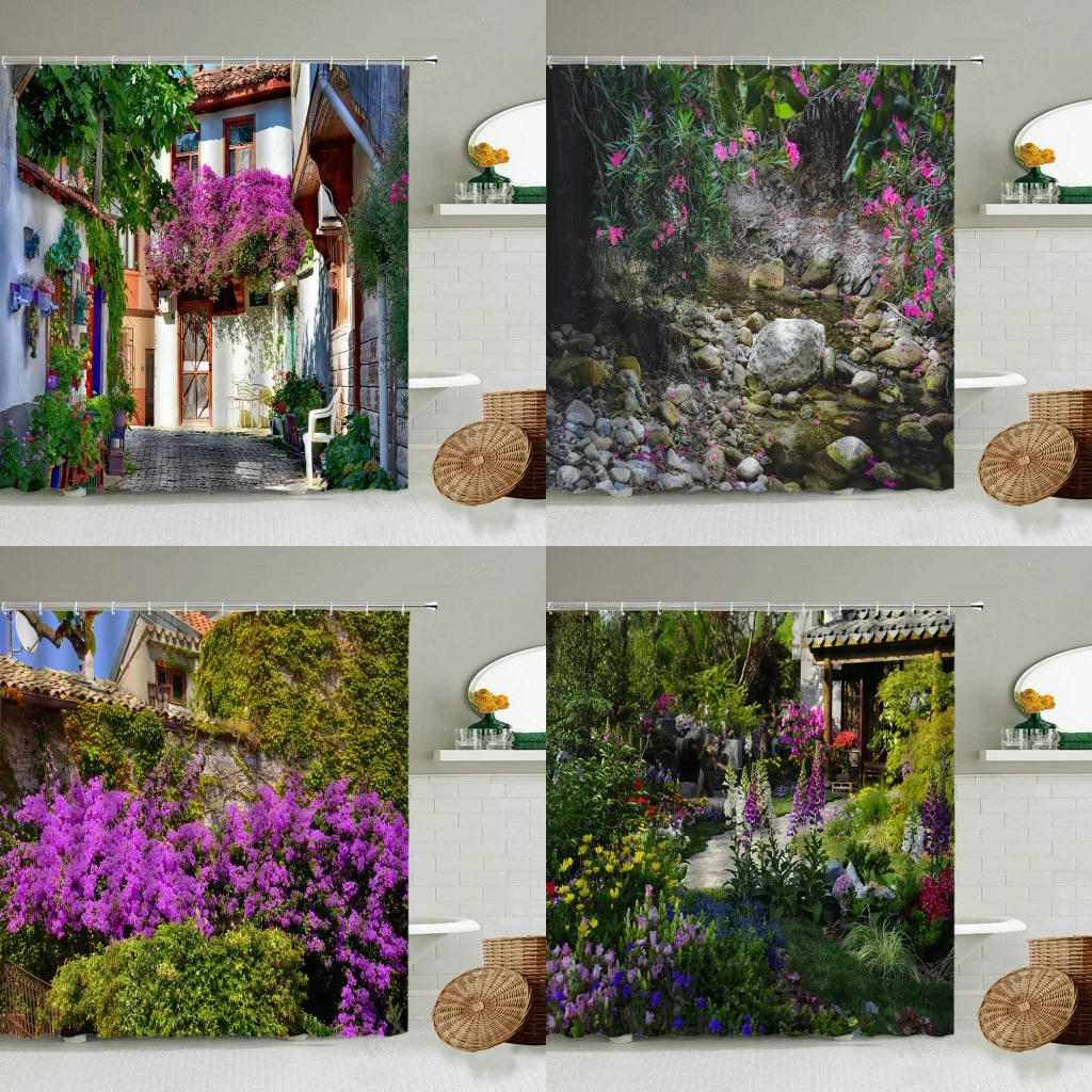 

Занавеска для душа в стиле ретро с изображением сада и улицы, декор для ванной комнаты с крючком, зелеными растениями, цветами, виноградной л...