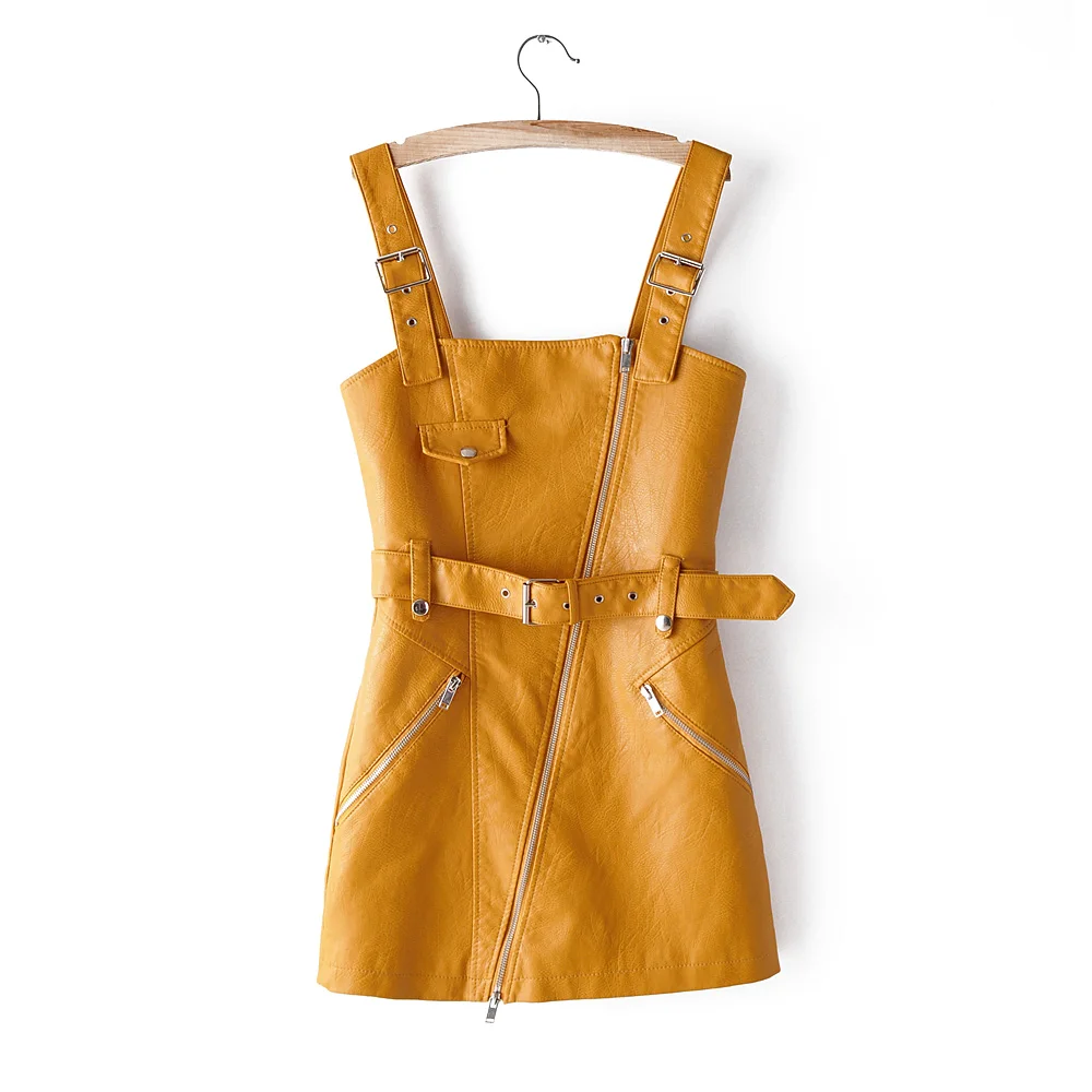SHEL6 Yellow Женское платье из искусственной кожи; мини-платье; сезон весна-осень; ремень на молнии с карманом; 5 цветов; Прямая - Цвет: SHEL6 Yellow