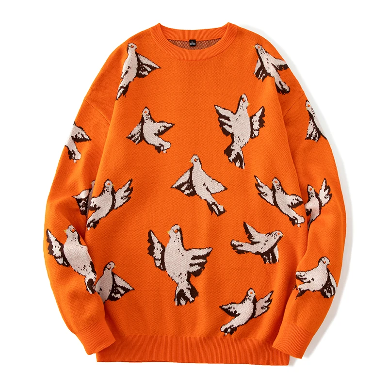 

Brand Sweater Men Harajuku Japan Style Casual Streetwear Knitted Male Pullover O-Neck Hip Hop Dove Pattern Tops Male Sweaters